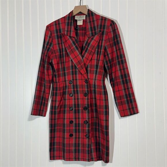 VTG La Belle Red Plaid Blazer Dress S Double Breasted 80s Mob Wife Preppy Grunge - Picture 1 of 11